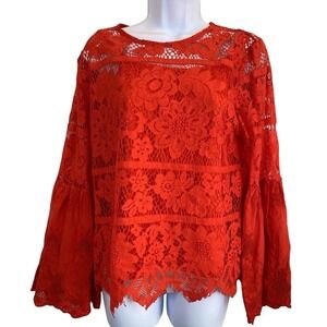 Adiva Fairycore Red Floral Lace Eyelet Bell Sleeve Top S Boho Romantic Festival